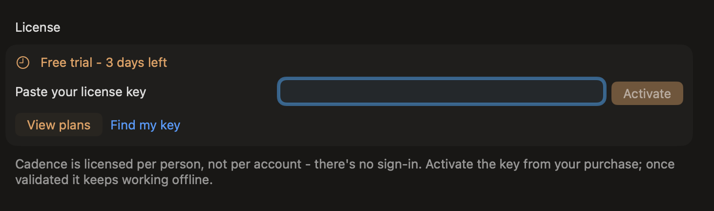 Cadence Settings showing the License tab with a key field and Activate button
